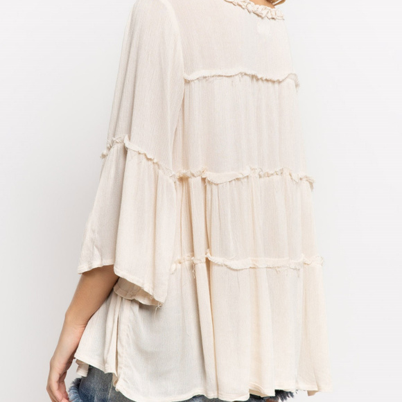 Bohemian Raw Hem Self Ruffle Flowy Bell Sleeve Top - Picture 5 of 6